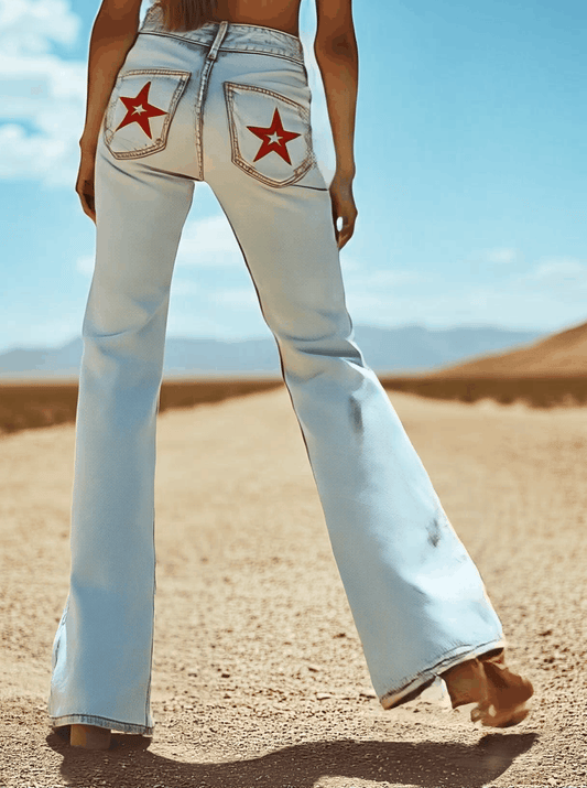 Vintage Women's Flared Denim Pants with Back Pocket Star Embroidery