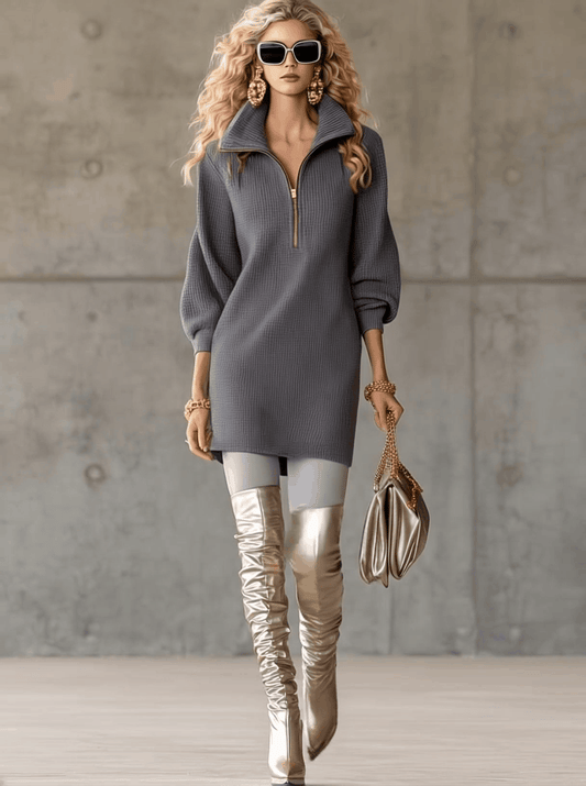 Gray Waffle Knit Mini Dress with Lapel and Front Zipper