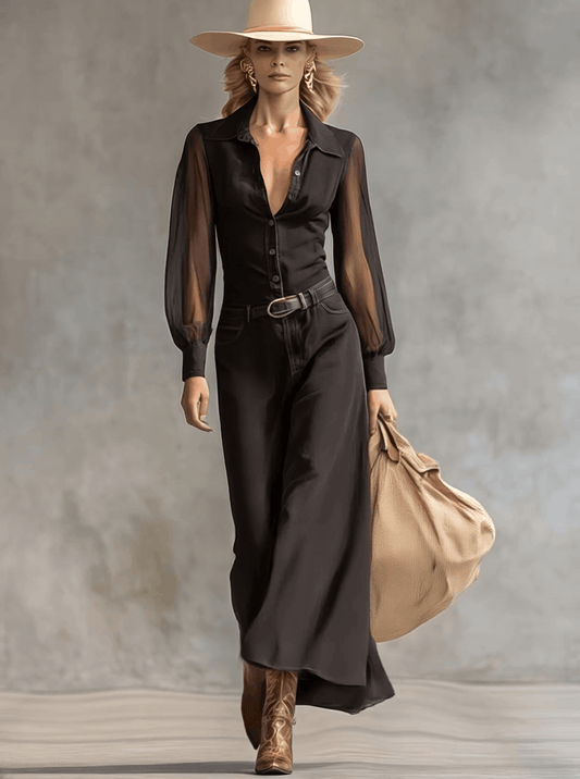 Vintage Western V-Neck Black Denim Maxi Dress With Sheer Sleeves