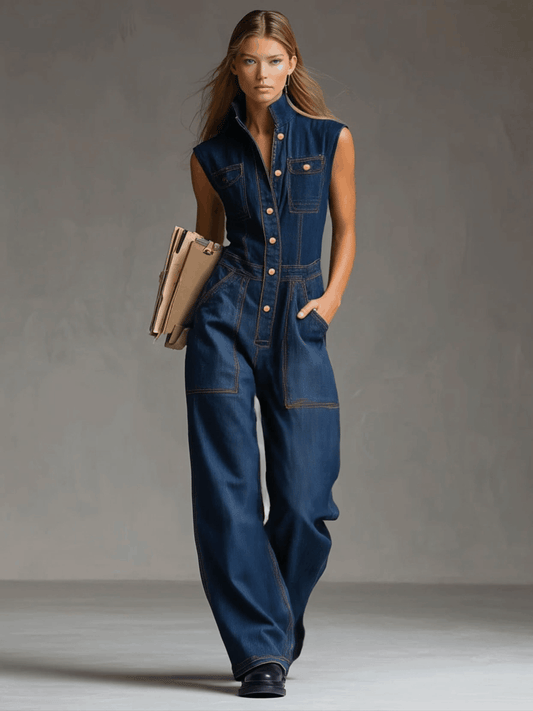 Retro Multi-pocket Topstitching Dark Blue Denim Sleeveless Balloon Jumpsuit