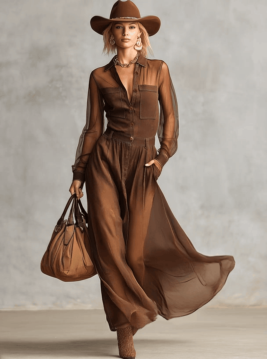 Vintage Western Brown Cotton Maxi Dress with Organza Sleeves