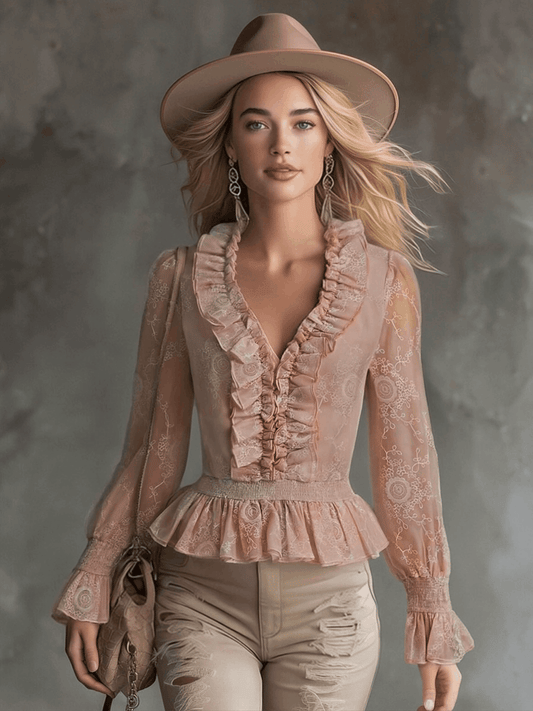 Elegant Pink Chiffon Lace Ruffled Long Sleeve Blouse