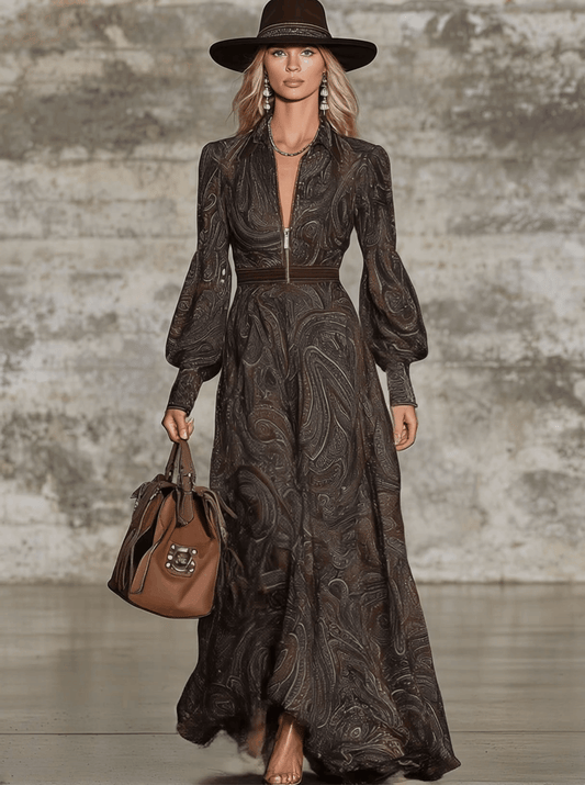 Vintage Inspired Paisley Pattern Zipper Maxi Dress with Lapel
