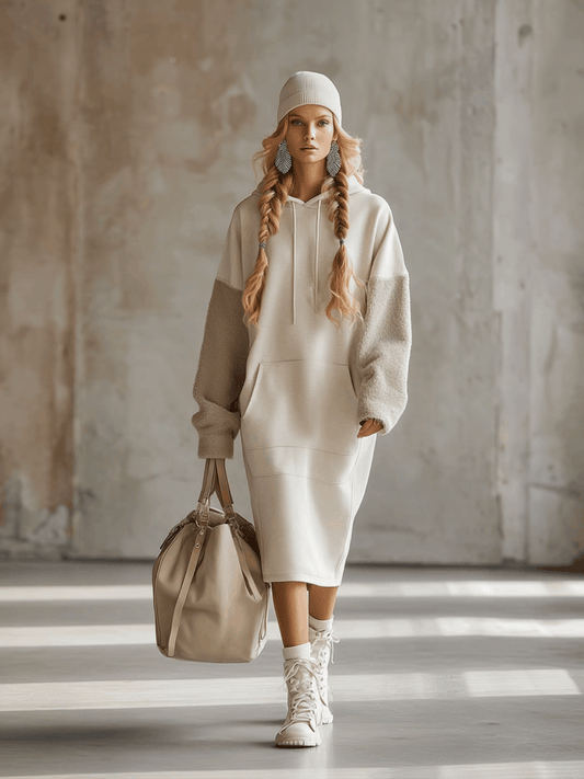 Cozy Beige Hooded Polar Fleece Sleeve Midi Sweatshirt Dress