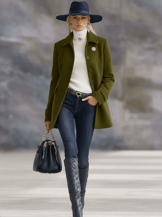 Casual Retro Olive Green Tweed Coat with Lapel and Pockets