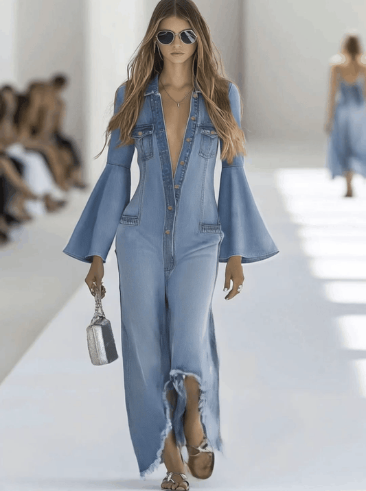 Casual Retro Light Blue Denim Flared Long-Sleeved Wide-Leg Jumpsuit