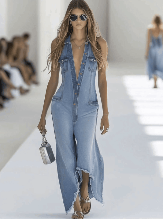 Retro Light Blue Denim Sleeveless Wide Leg Zipper Jumpsuit