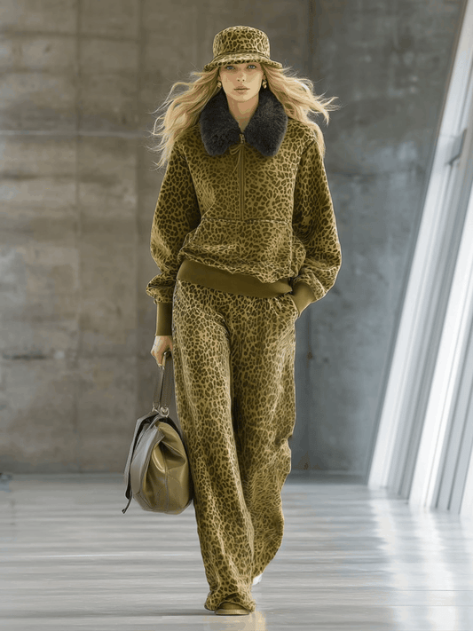 Leopard Print Velvet Two-Piece Suit with Faux Fur Collar