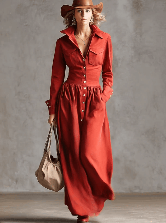 Retro Western Lapel Button Down Cotton Linen Maxi Dress