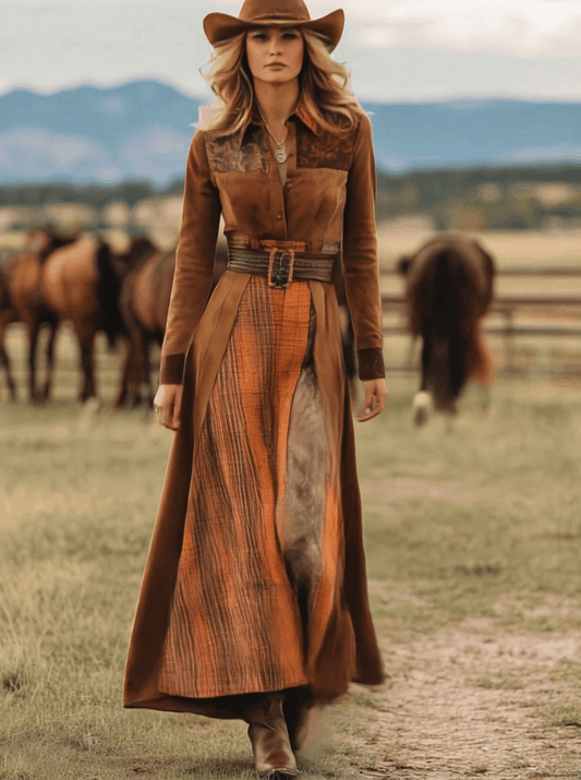 Western Retro Caramel Faux Suede Plaid Patchwork Lace-Up Maxi Dress