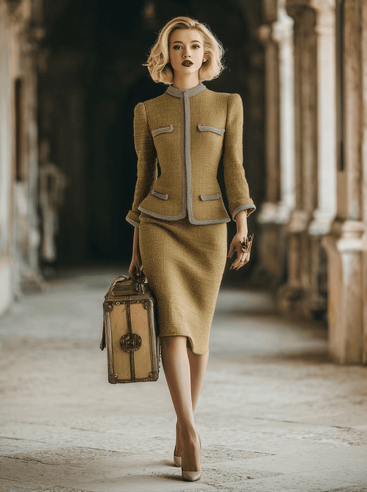 Elegant Light Gold Tweed Jacket and Skirt Set Vintage Style