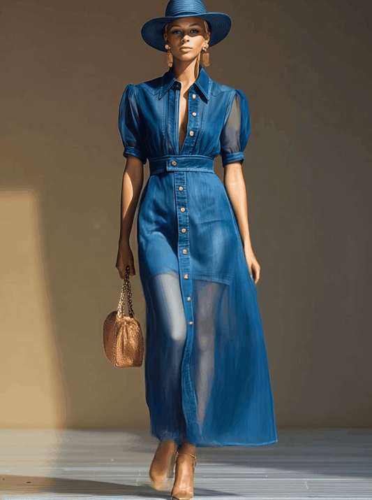 Chic V-Neck Organza Overlay Denim Maxi Dress With Buttons