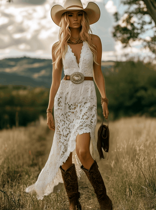 Vintage Elegant Western Style White Lace Bias Cut Maxi Dress