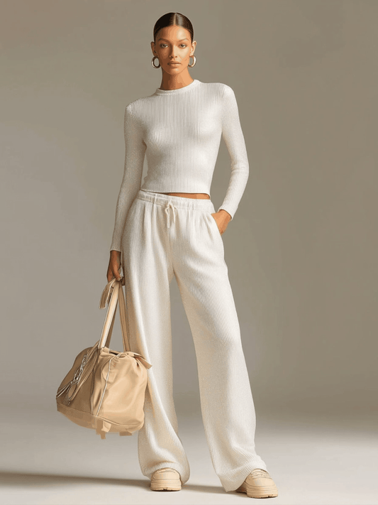 Sporty Shimmering White Ribbed Knit Crew Neck Top And Pants Set