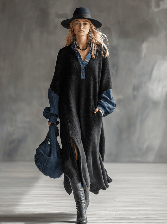 Elegant Black Knitted Maxi Dress With Stylish Denim Trim Accents