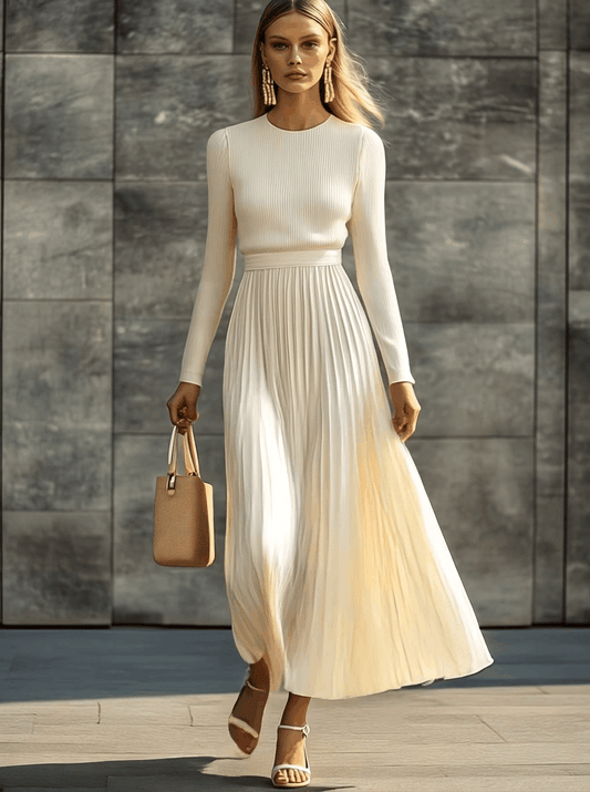 Elegant Long Sleeve Knitted Satin Pleated Hem Casual Maxi Dress