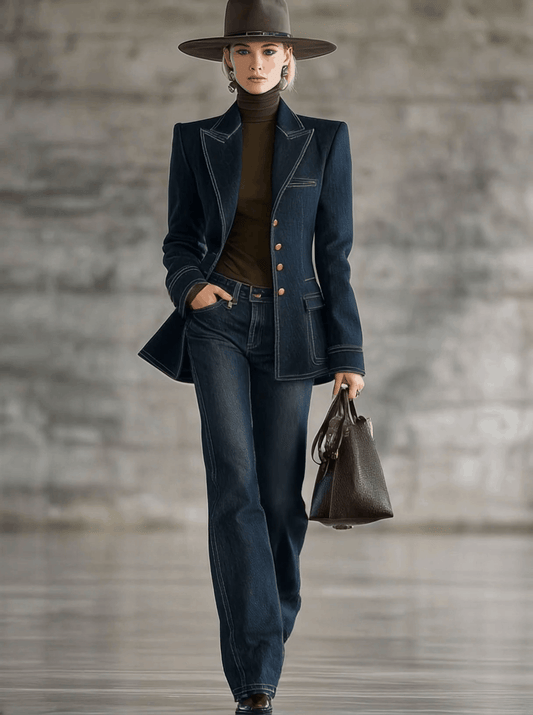 Vintage Style Navy Blue Denim Jacket With Contrast Topstitching