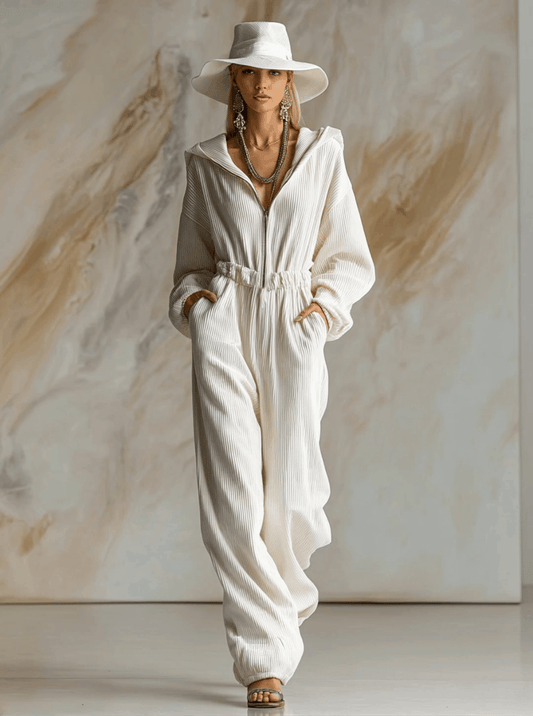 Loose Fit White Corduroy Hooded Long Sleeve Zip Front Jumpsuit
