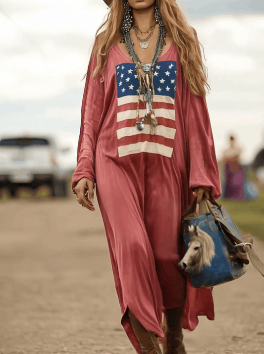 Vintage Western Cotton Long Sleeve Flag Print Loose Maxi Dress