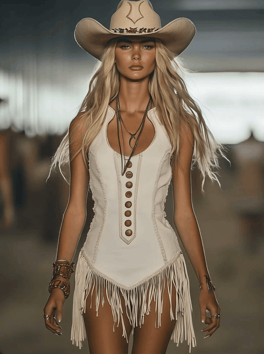 Chic White Sleeveless Mini Dress With Playful Western Tassel Detail