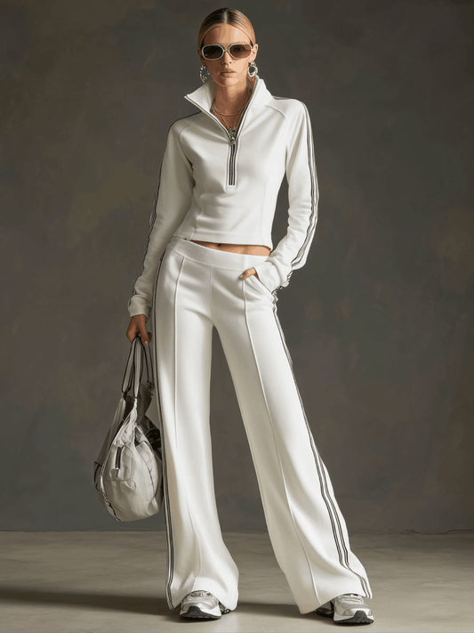 Retro Sporty Striped Webbing White Long Sleeve Sweatshirt Pants Set