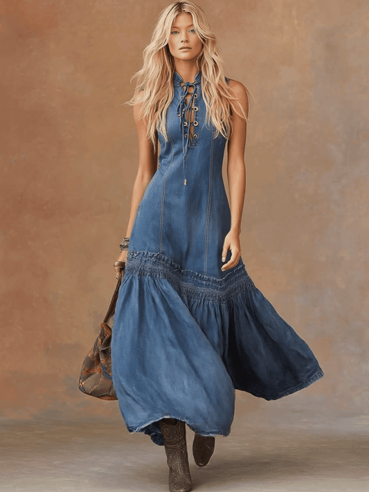 Vintage Western Blue Denim Sleeveless Tie-Neck Bubble Hem Maxi Dress