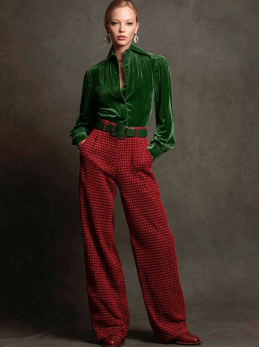 Retro Green Velvet Long Sleeve Shirt And Houndstooth Pants Set