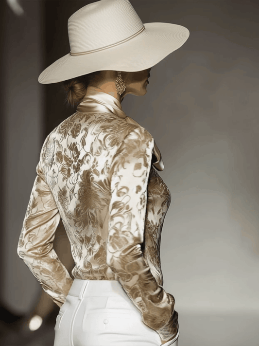 Elegant Champagne Velvet Printed Tie-Neck Shirt for Sophisticated Daily Wear