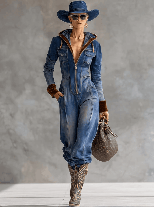 Vintage Western Blue Denim Jumpsuit with Velvet Panels and Hood