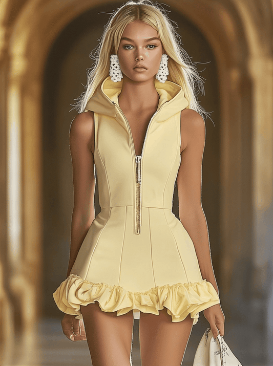 Yellow Hooded Sleeveless Mini Dress With Front Zipper And Ruffles