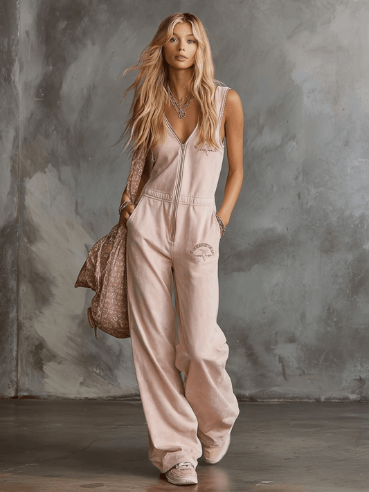 Elegant Retro Sporty V-Neck Sleeveless Cotton Jumpsuit Light Pink