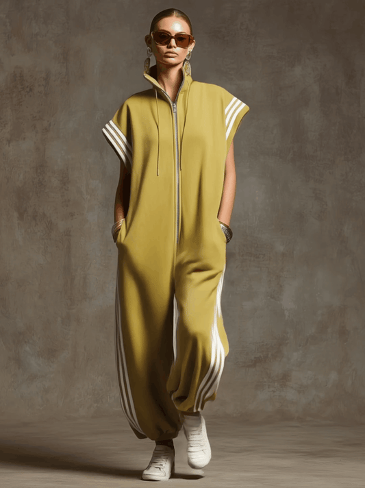 Vibrant Sleeveless Sports Jumpsuit with White Side Webbing Details
