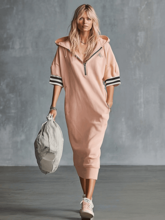 Sporty Cherry Blossom Pink Cotton Hooded Midi Dress with Zipper
