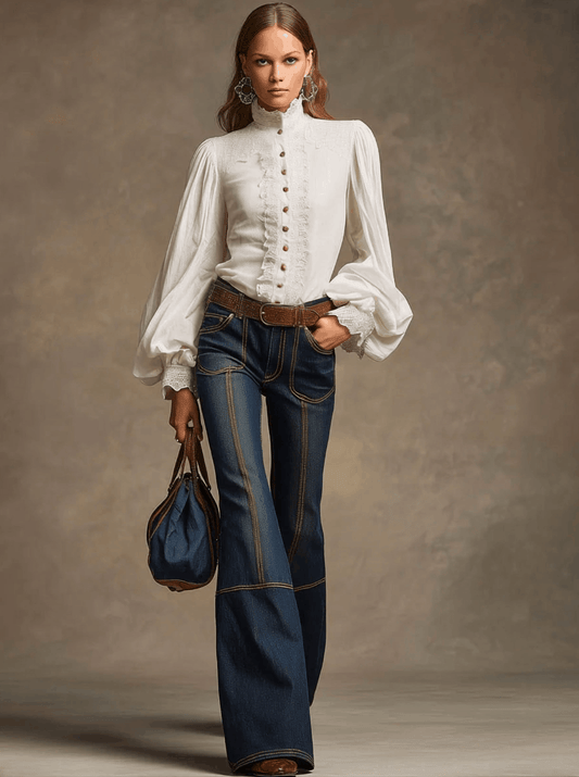 Retro Navy Denim Jeans with Brown Double-Stitching and Flared Fit