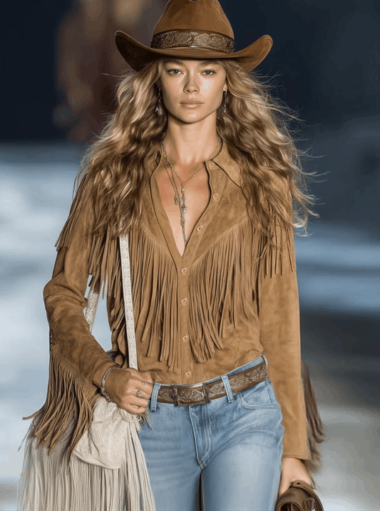 Women's Vintage Western Faux Suede Fringe Button Down Shirt