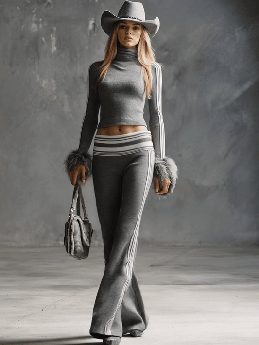 Sporty Gray Knitted High-Neck Top and Flared Pants Set