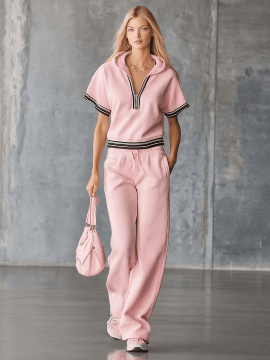 Sporty Pink Cotton Hooded Front Zipper Top and Pants Set