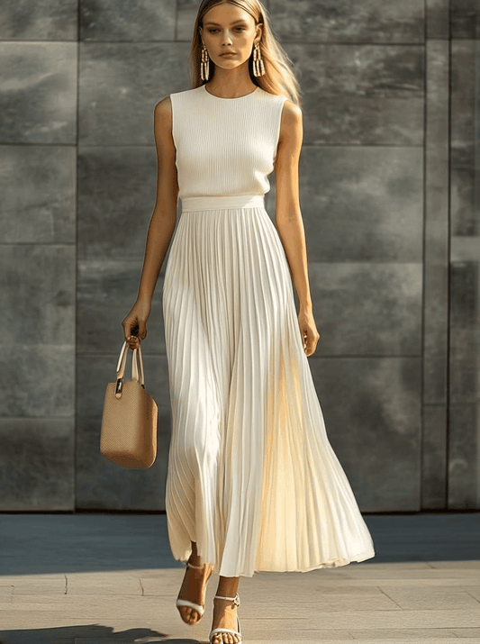 Cream Knitted Chiffon Pleated Hem Maxi Dress for Elegant Casual Wear
