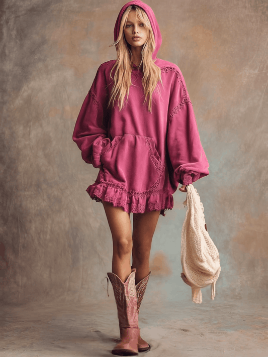 Rose Pink Cotton Hooded Mini Dress with Lace and Ruffles