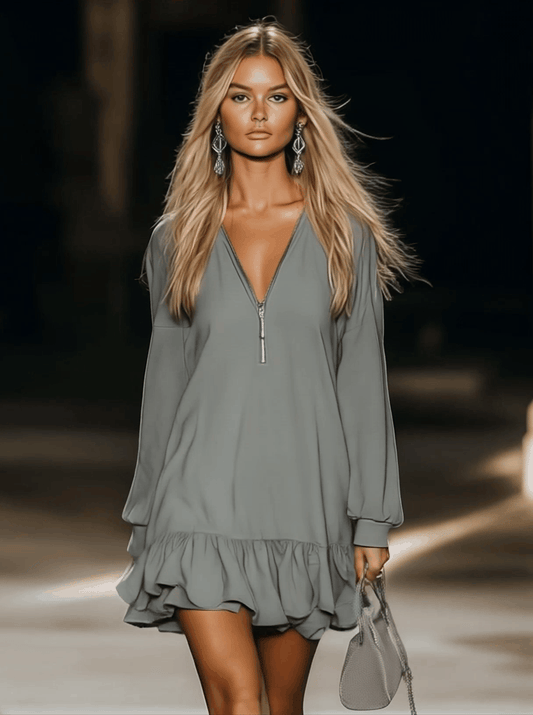 Casual Gray V-Neck Long Sleeve Mini Dress with Zipper Detail