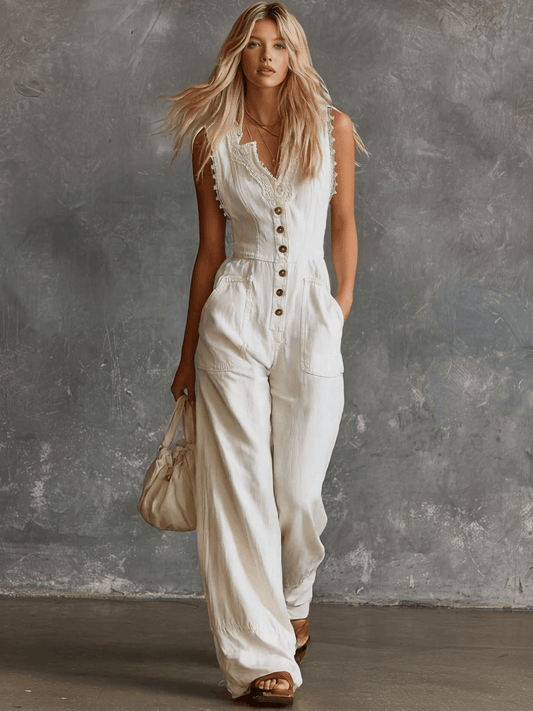 Elegant Vintage Western V-neck Lace Trim White Cotton Jumpsuit