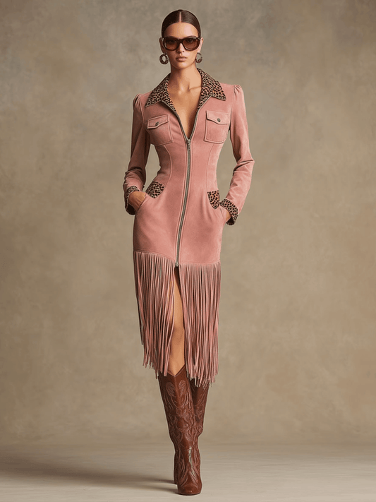 Western Retro Pink Leopard Print Faux Suede Tassel Midi Dress