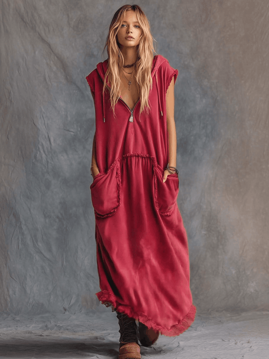 Vintage Sporty Hooded Sleeveless Cotton Maxi Dress with Lace Trim