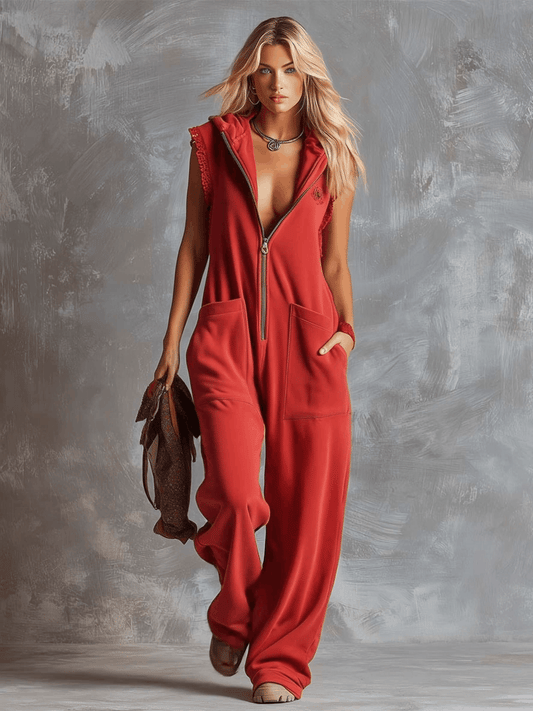Sporty Cotton Hooded V-Neck Jumpsuit with Front Zipper Closure