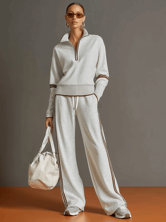 Retro Half-Zip Sweatshirt and Wide-Leg Pants Sporty Matching Set