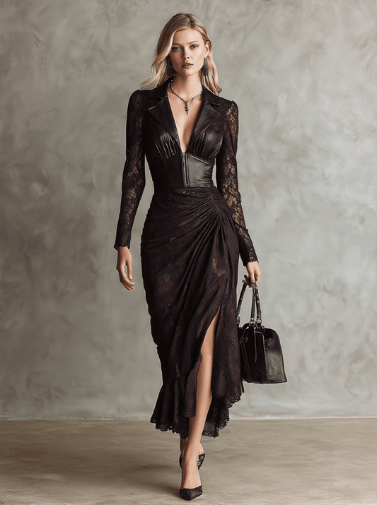 Retro Brown-Red Faux Leather And Lace Long-Sleeved Maxi Dress