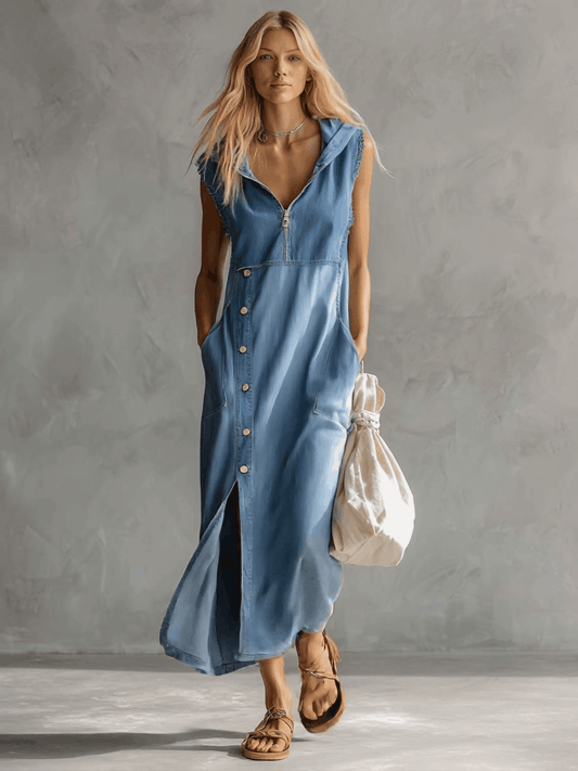 Casual Vintage Blue Denim Midi Dress with Hood and Zipper