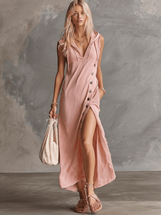 Elegant Retro Sporty Hooded V-neck Sleeveless Lace Trim Cotton Midi Dress