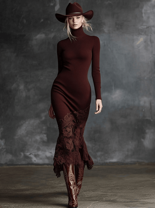Elegant Burgundy High-Neck Knitted Maxi Dress With Lace Hem Detail