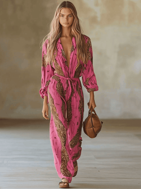 Rose Red Leopard Print Chiffon Long Sleeve Loose Fit Jumpsuit